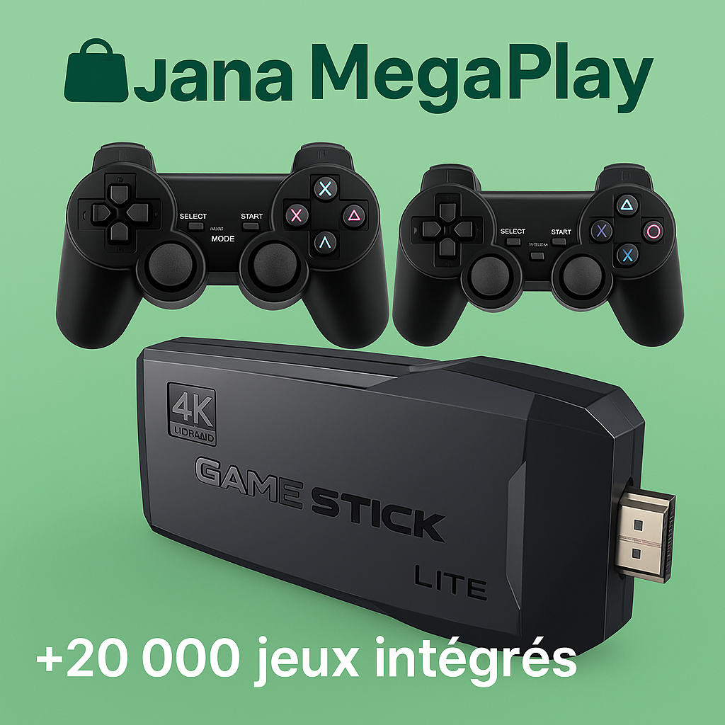 🎮 JAANA MegaPlay™ Game stick – 2 000+ Jeux Rétro (2 Manettes Sans Fil gratuites incluses) + livraison gratuite