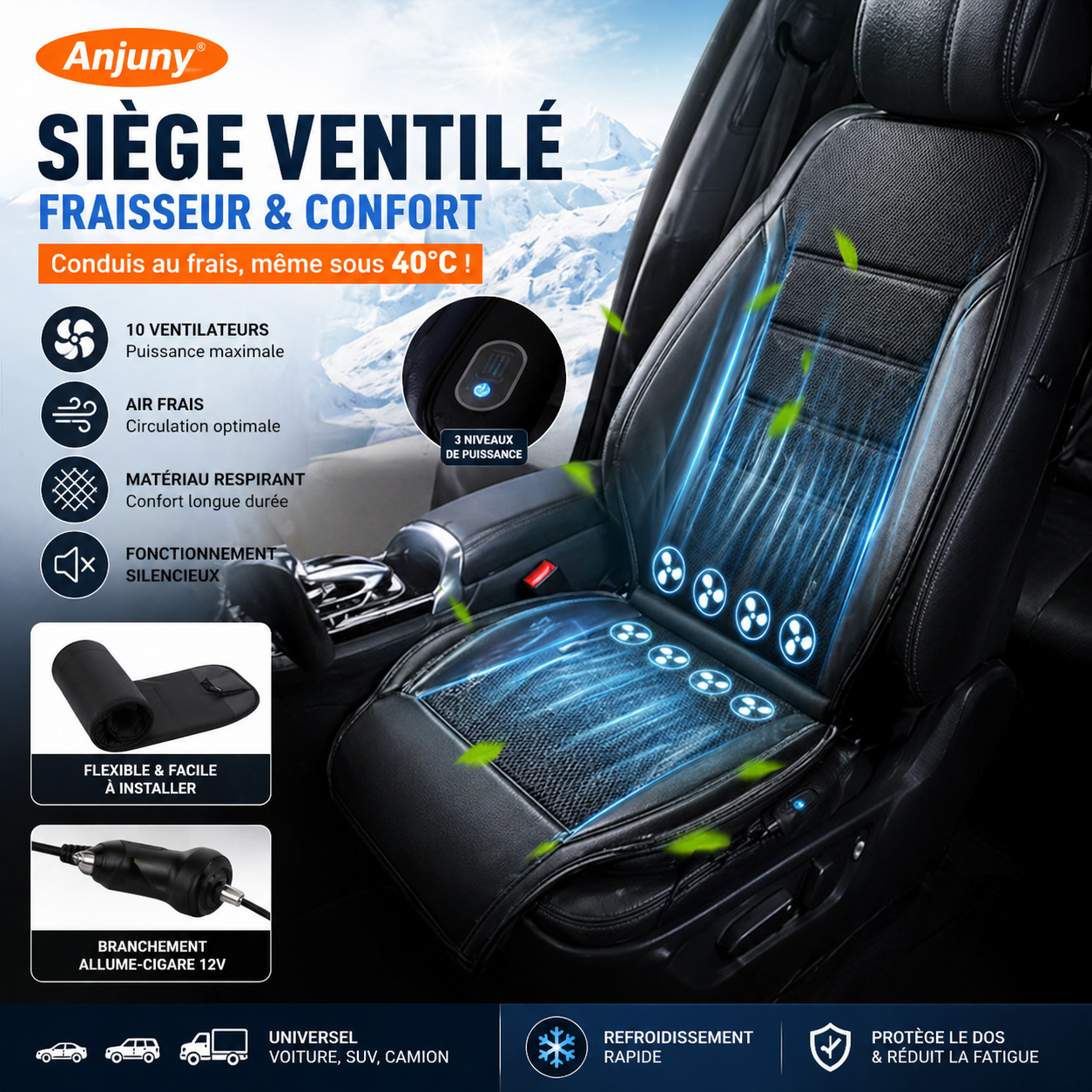 jaanaSeat Pro™ coussin de Siège Ventilé Finis la Sueur dans ton Siège. Finis les Douleurs de Dos.