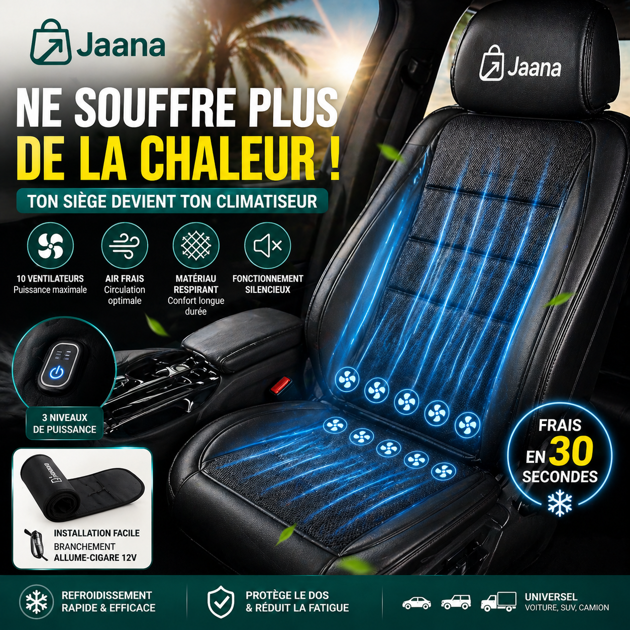 jaanaSeat Pro™ coussin de Siège Ventilé Finis la Sueur dans ton Siège. Finis les Douleurs de Dos.