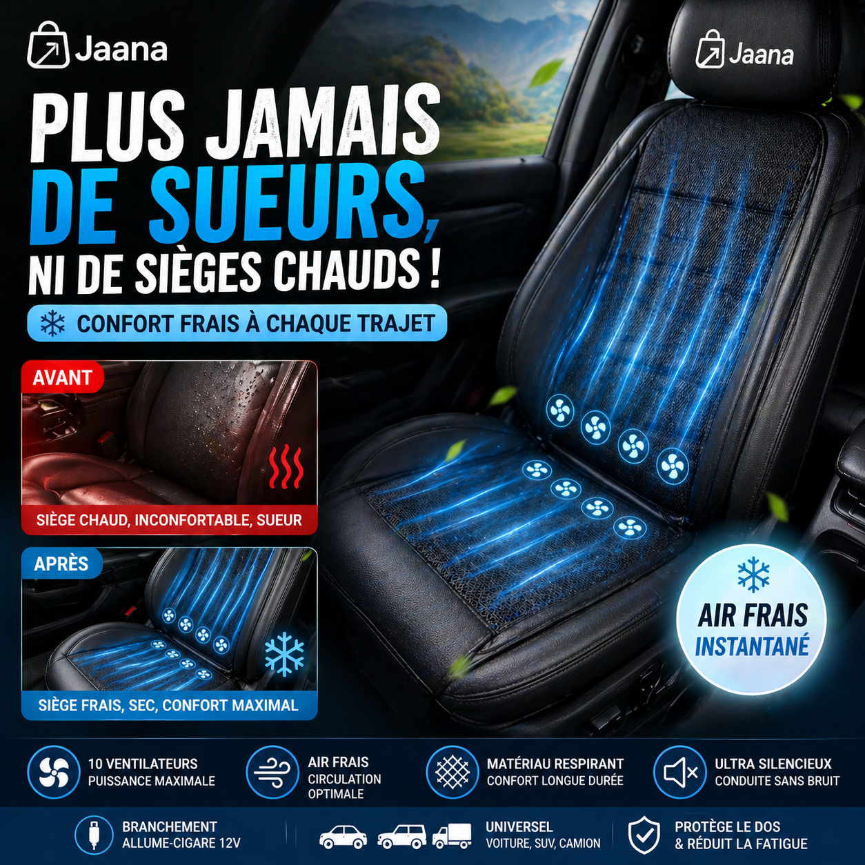 jaanaSeat Pro™ coussin de Siège Ventilé Finis la Sueur dans ton Siège. Finis les Douleurs de Dos.