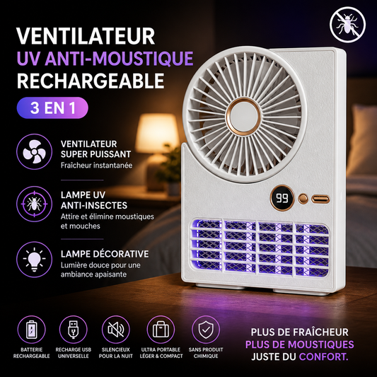 Ventilateur Anti-Moustique UV Rechargeable 3 en 1 Ultra Puissant + LIVRAISON GRATUITE