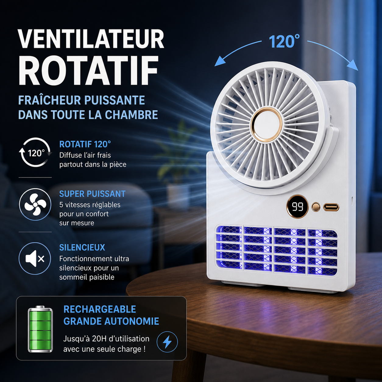 Ventilateur Anti-Moustique UV Rechargeable 3 en 1 Ultra Puissant