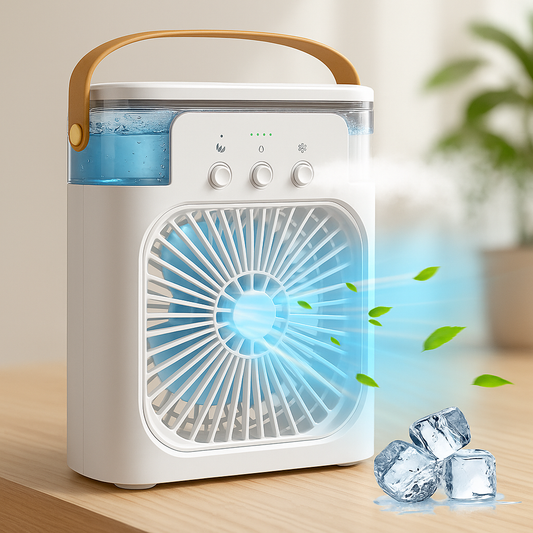 JaanaCool Air : Mini Climatiseur Puissant 4-en-1 – Ventilateur, Humidificateur, Diffuseur & Lumière RGB Portable