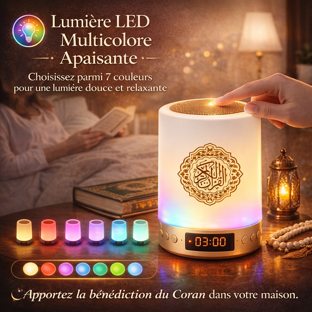 Veilleuse coranique multifonction 8 en 1 | Coran intégré et traduction, rappels de prière, duas et horloge