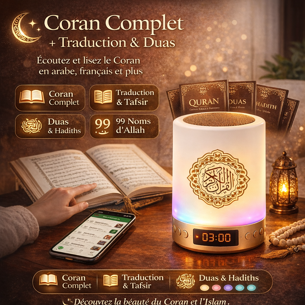 Veilleuse coranique multifonction 8 en 1 | Coran intégré et traduction, rappels de prière, duas et horloge