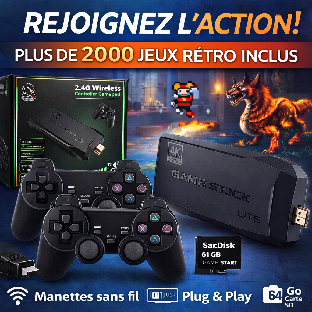 🎮 JAANA MegaPlay™ Game stick – 2 000+ Jeux Rétro (2 Manettes Sans Fil gratuites incluses)