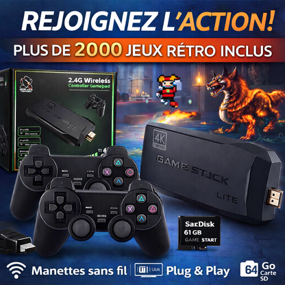 🎮 JAANA MegaPlay™ Game stick – 2 000+ Jeux Rétro (2 Manettes Sans Fil gratuites incluses)