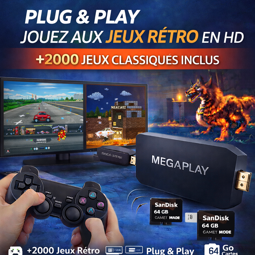 🎮 JAANA MegaPlay™ Game stick – 2 000+ Jeux Rétro (2 Manettes Sans Fil gratuites incluses)