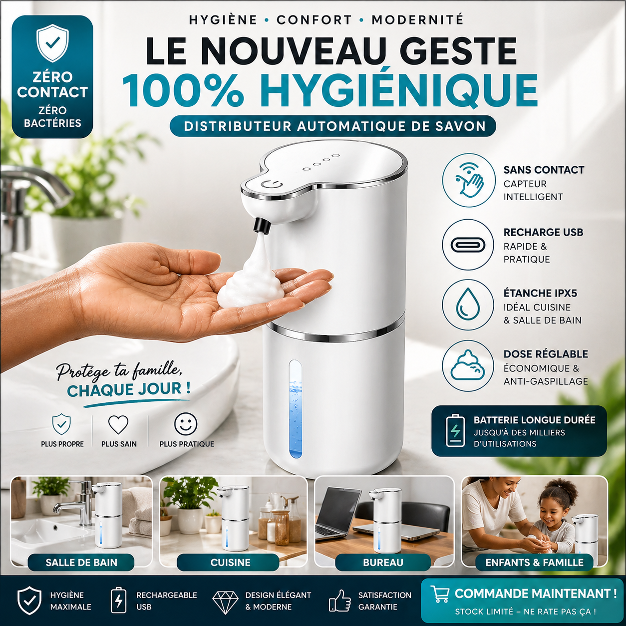Distributeur Automatique de Savon Sans Contact – Ultra Hygiénique & Recharge USB