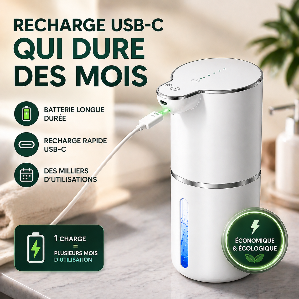 Distributeur Automatique de Savon Sans Contact – Ultra Hygiénique & Recharge USB