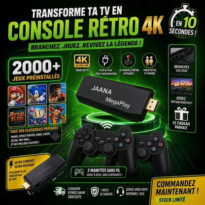 🎮 JAANA MegaPlay™ Game stick – 2 000+ Jeux Rétro (2 Manettes Sans Fil gratuites incluses)