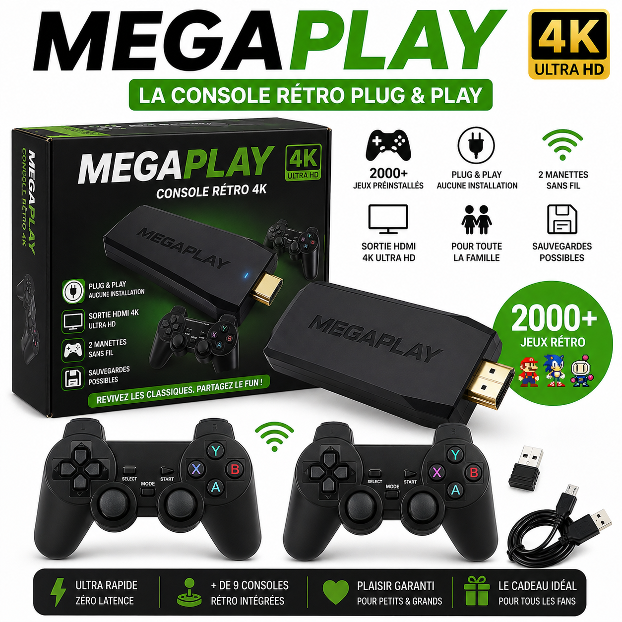 🎮 JAANA MegaPlay™ Game stick – 2 000+ Jeux Rétro (2 Manettes Sans Fil gratuites incluses)