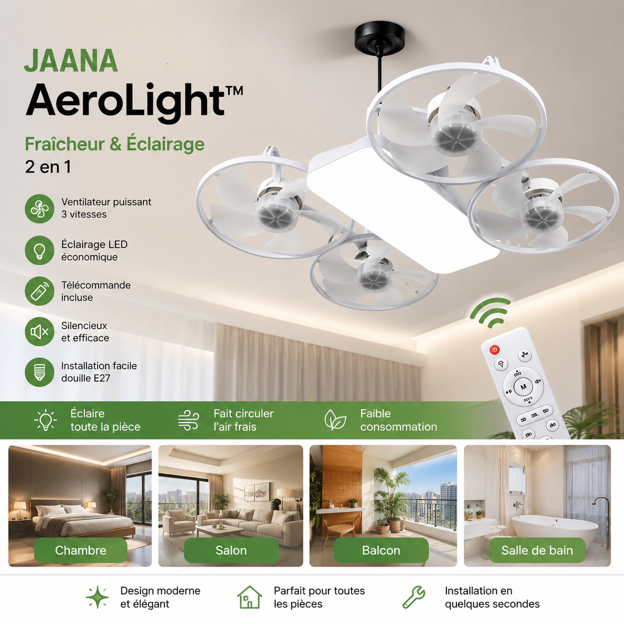 Ventilateur de Plafond LED Jaana AeroLight™ | Fraîcheur & Éclairage 2-en-1 FORME DRONE