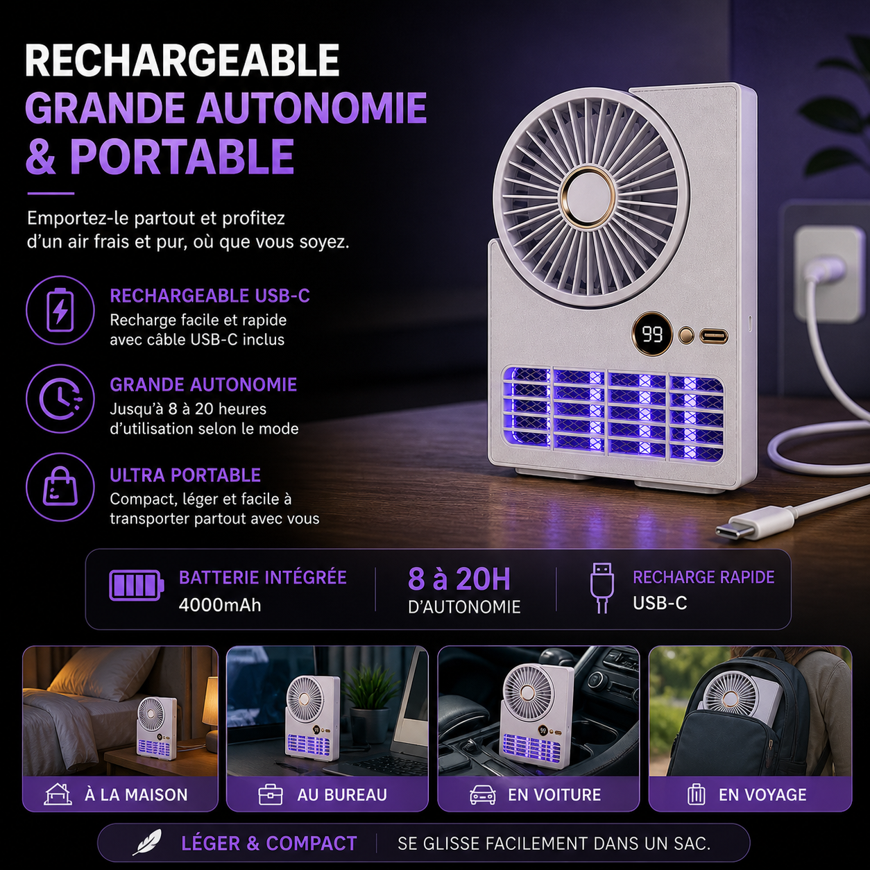 Ventilateur Anti-Moustique UV Rechargeable 3 en 1 Ultra Puissant