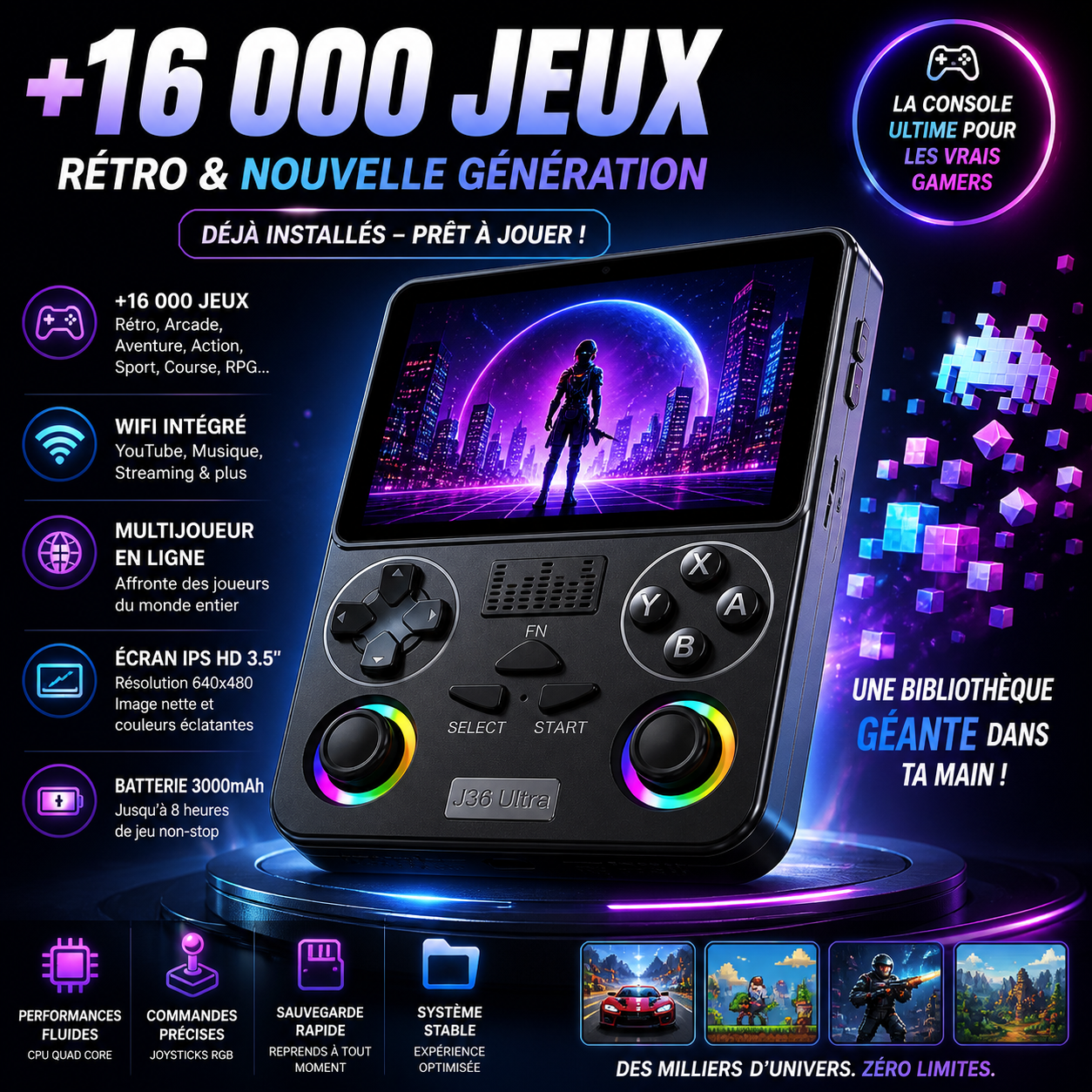 Console de jeux J36 ULTRA — 16 000 Jeux Rétro & Modernes + WiFi, YouTube & Multijoueur en ligne