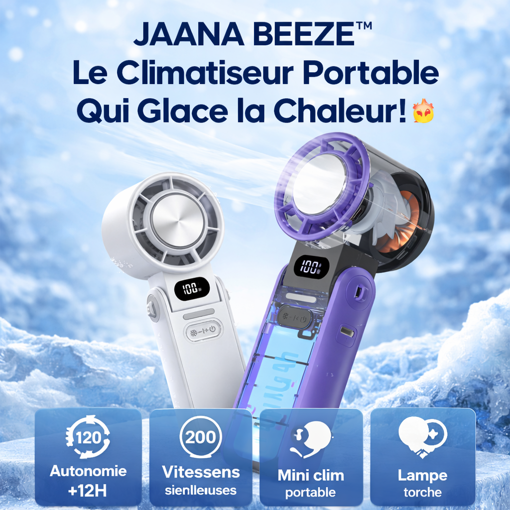 JAANA BREEZE™ – Le Climatiseur Portable 200 Vitesses avec Refroidissement Glacé et lampe torche integre❄️