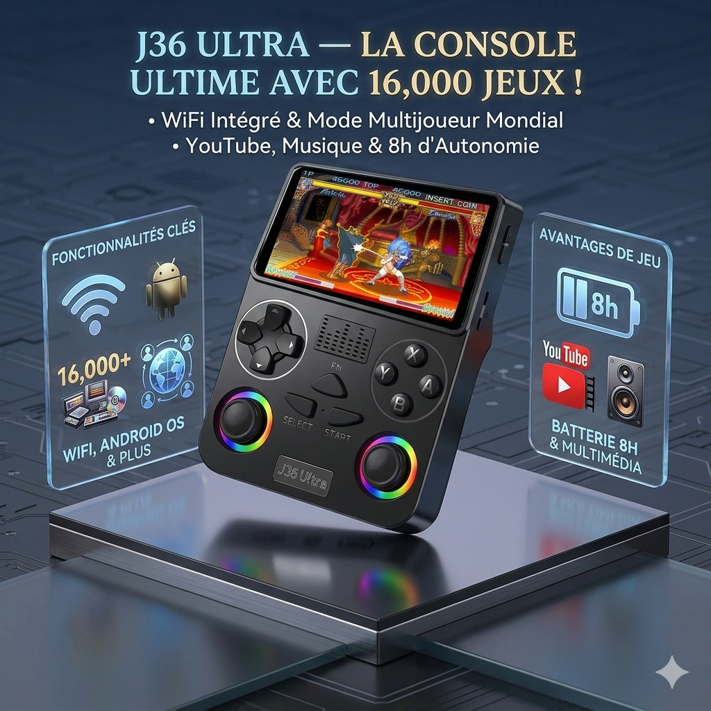 Console de jeux J36 ULTRA — 16 000 Jeux Rétro & Modernes + WiFi, YouTube & Multijoueur en ligne
