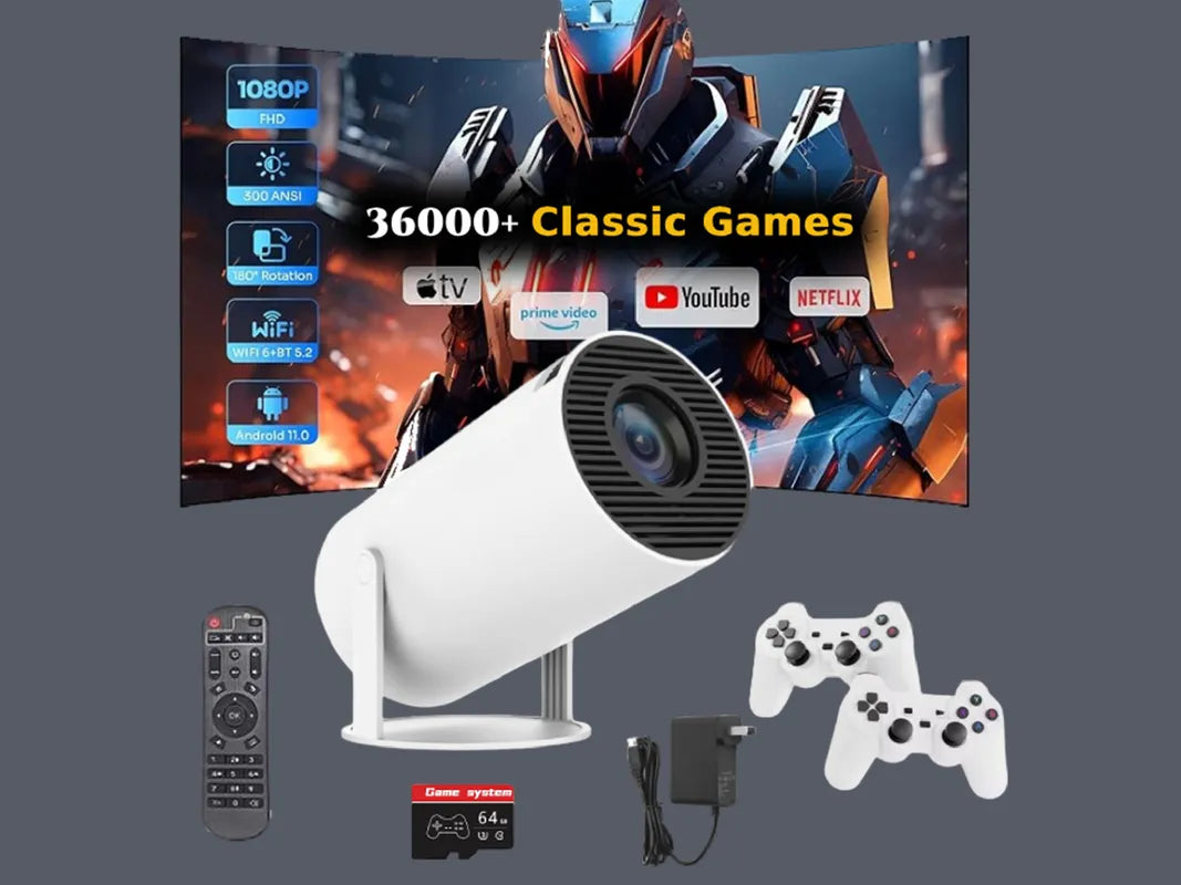 PROJECTEUR SMART TV 4K — VOTRE CINÉMA & CONSOLE DE JEUX À LA MAISON | +15 000 JEUX + 2 MANETTES 🎮