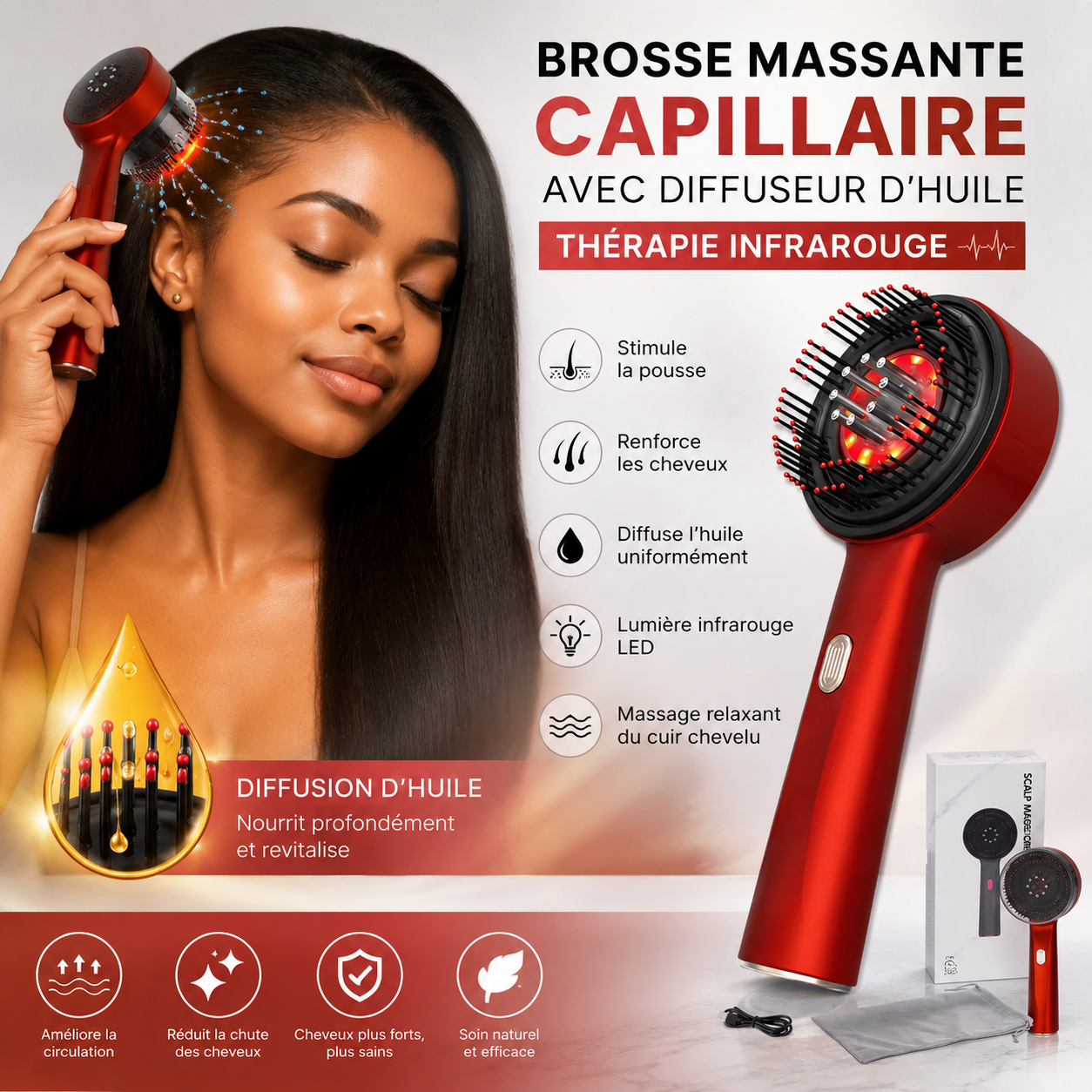 Masseur capillaire avec diffuseur d'huile intégré et thérapie infrarouge